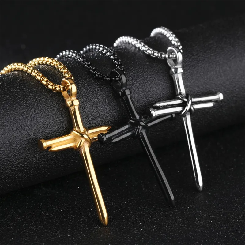 Mens Nail Cross Pendant Necklaces Fashion Stainless Steel Link Chain Necklace Black Rose Gold Silver Punk Style Hip Hop Jewelry for Women Christmas Gifts