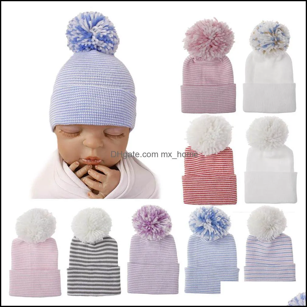 Casquettes Chapeaux Accessoires Bébé, Enfants Maternité 10 Styles Double Épaississement Nouveau-né Rayé Pour L'hiver Coton Chaud Crochet Cap Infant Boule De Fourrure