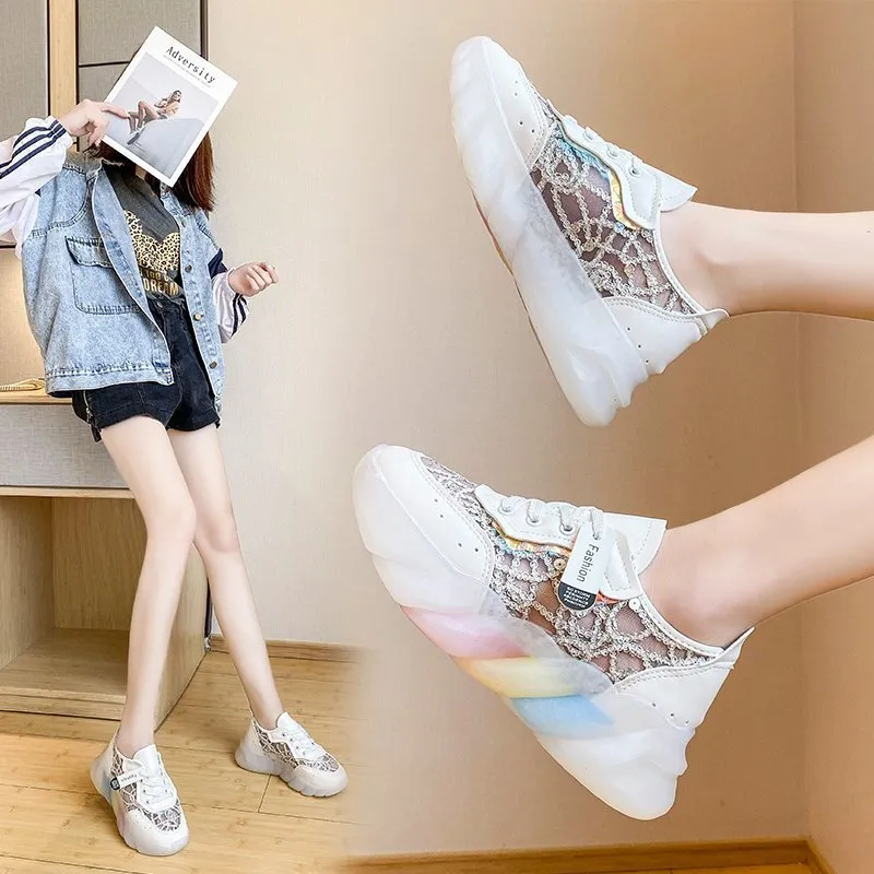 Rainbow bottom daddy shoes female 2021 summer product Korean student mesh breathable thick increased casual sports shoe