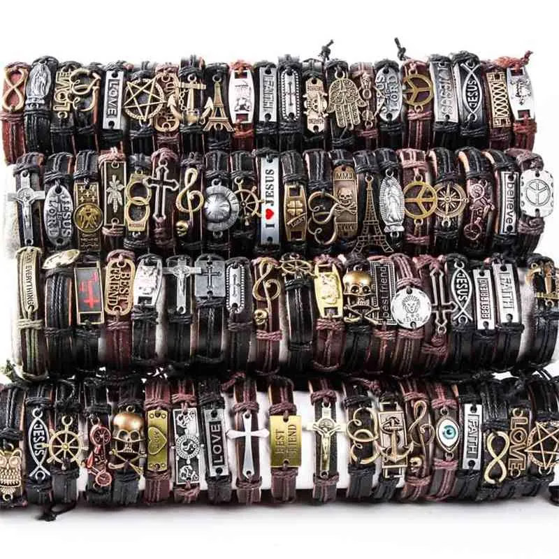 HOQIAGA 100 Stück Lederarmbänder Männer Frauen Echtes Vintage-Punkrock-Retro-Paar handgefertigtes Manschettenarmband Großhandelslose 210330