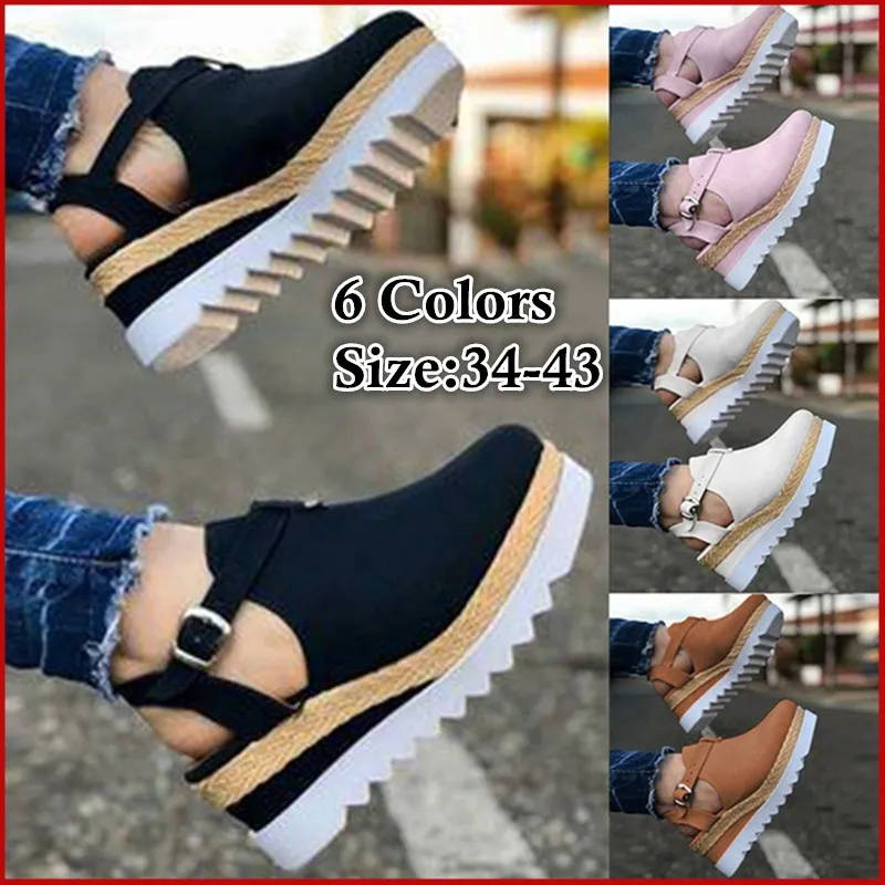 Women Fashion Wedge Slippers High Heel Buckle Ankle Top Quality Canvas Shoes Casual Decorative Rubber Sole Open Toe Wild Comfortable Sandals