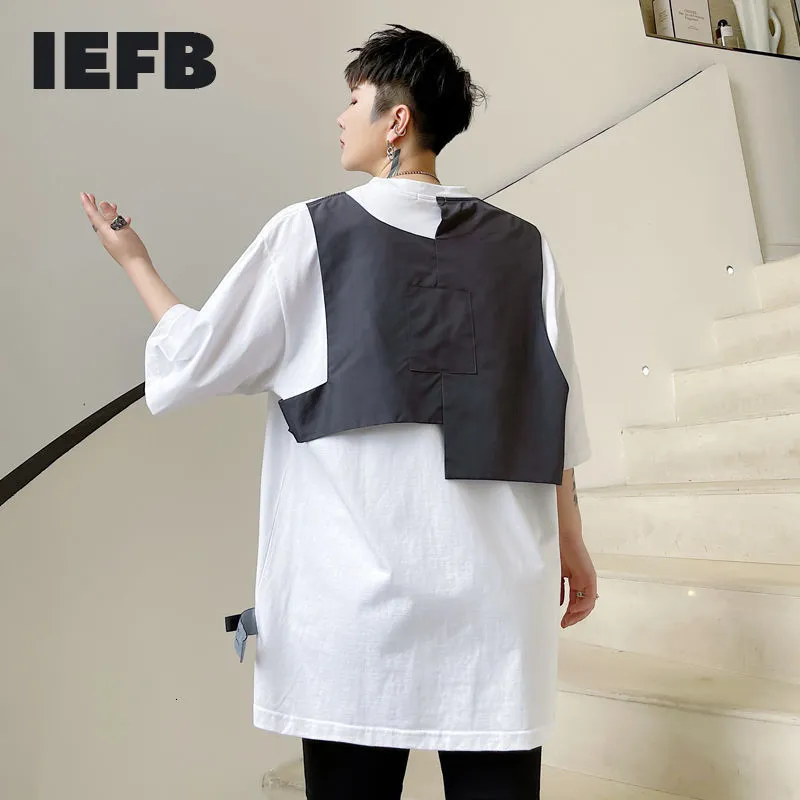 IEFB Causal Design Short Sleeve T-shirt For Men Black White Contrast Color Patchwork Streetwear Tee Loose Tops 9Y7220 210524