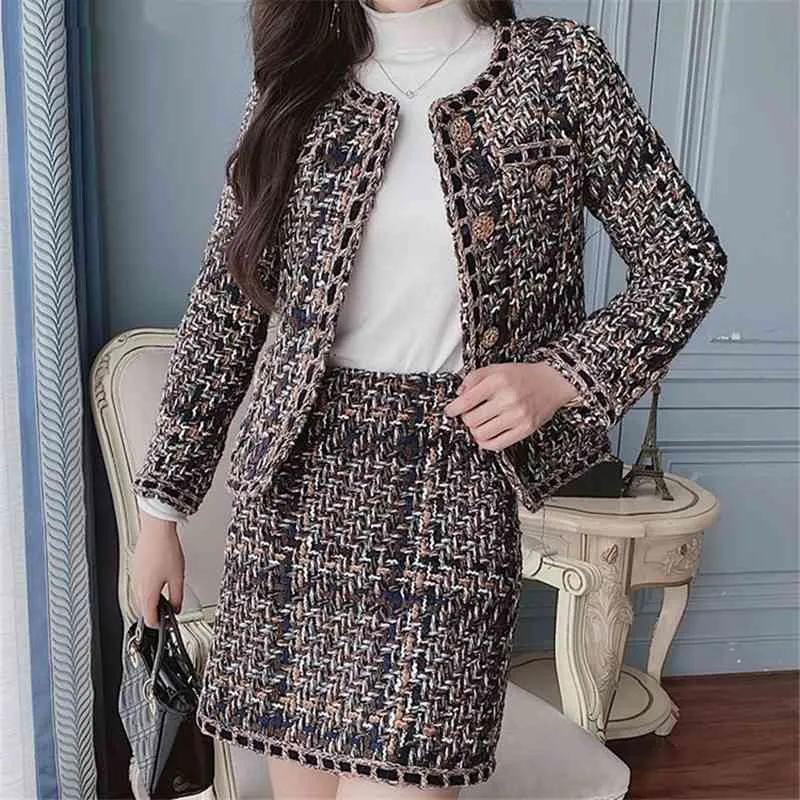 Vintage elegante tweed twee stuk sets outfits vrouwen single-breasted jas + mini rok pakken herfst Koreaanse dames sets outfit 210515