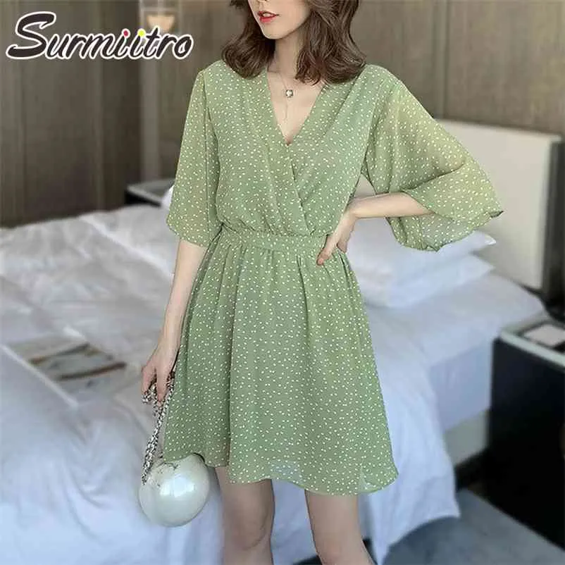 Sommar mini klänning kvinnor elegant koreansk stil damer kortärmad grön svart prickar tunika strand sundress kvinnlig 210421
