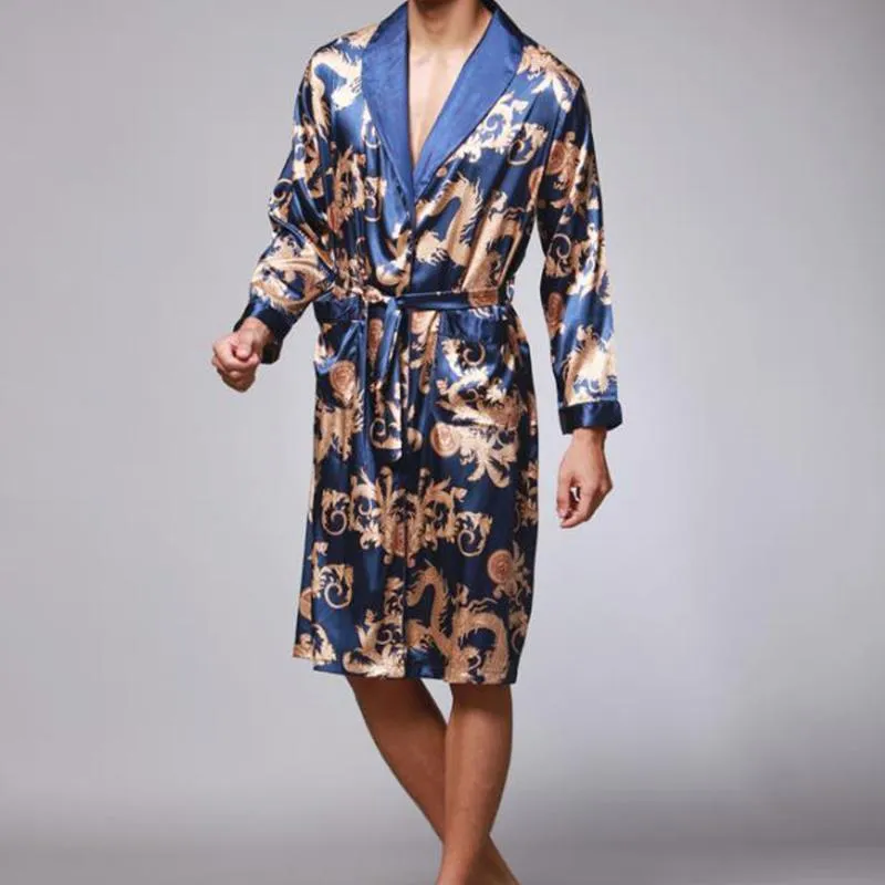 Plus -storlek Mens Bathrobe Silk Kimono Sleepwear Långärmkläder