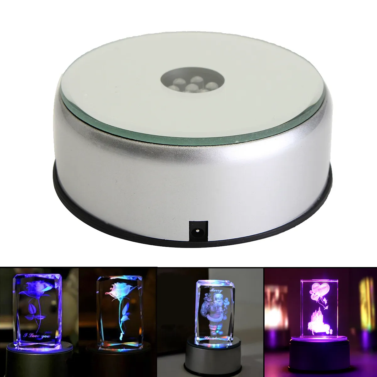 Colorful Luminous led Light Laser Rotating Crystal Display Base Stand Holder with AC Adapter Glass Transparent Objects