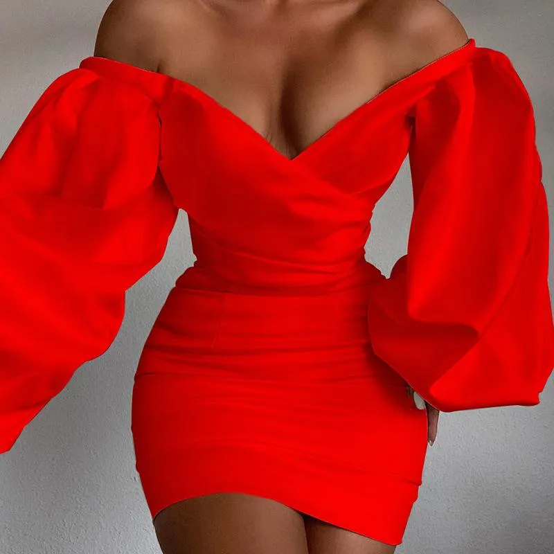 Vestidos casuais elegante cetim off-ombro mini vestido para mulheres manga soprada cor sólida backless bodycon sexy party 2021