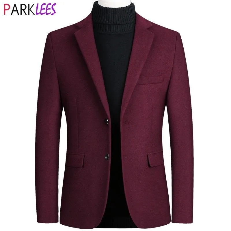 Wine Red Wollen Blazer Jacket Men Winter Single Breasted Notched Lapel Blazers Men Casual Warm Tweed Suit Jacket Male 210522