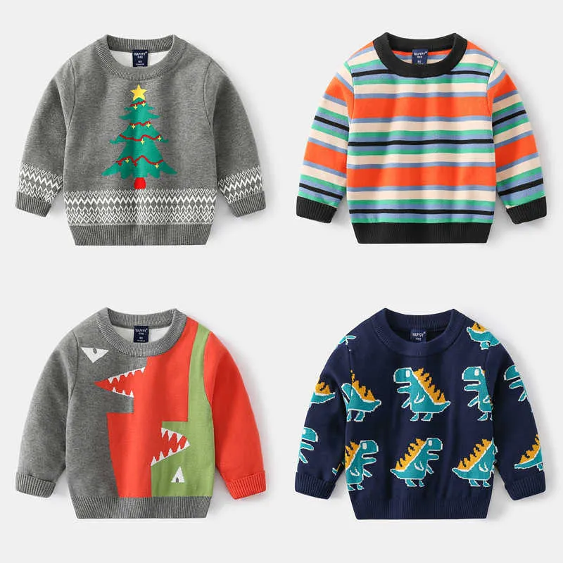 Autunno Inverno Cartoon Albero di Natale/Dinosauri/Maglione a righe per ragazzi a maniche lunghe lavorato a maglia Top Maglieria per bambini Y1024