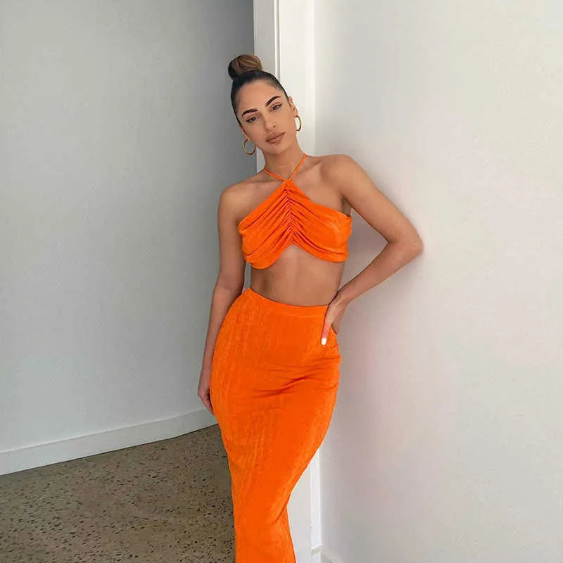 Sexig StreetWear Halter Bandage Neon Orange Tvåbitar Kjolar Ställer Kvinnor Tracksuit Fashion Lace Up Camisole och Midi Skirt Suits 210625