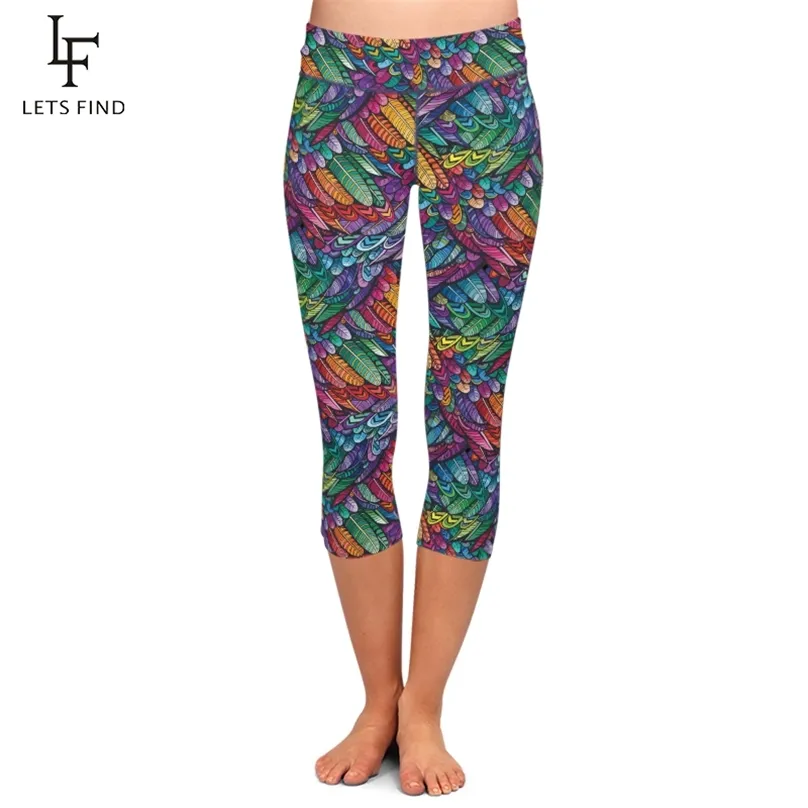 LetsFind Summer Style 3D Färgglada Fjädrar Design Digital Utskrift Leggings High Waist Women Mid-Calf 3/4 Pants Plus Size 210925