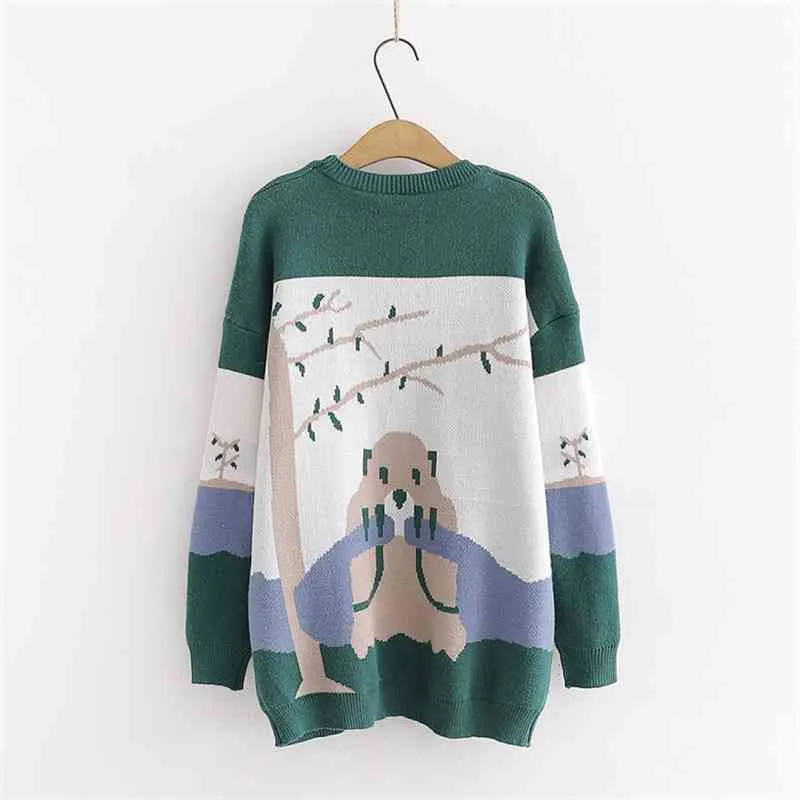 H.SA Dames Cartoon Trui Jumpers Dieren Gedrukt Groene Pullovers en Knit Tops Kawaii Winter Kleding 210417