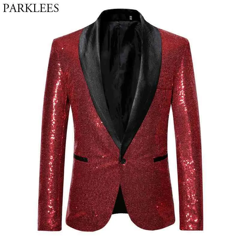 Brilhante lantejoula vermelha bling glitter blazer jaqueta homens xale colarinho um botão nightclub partido baile dj rock and roll trajes 210522