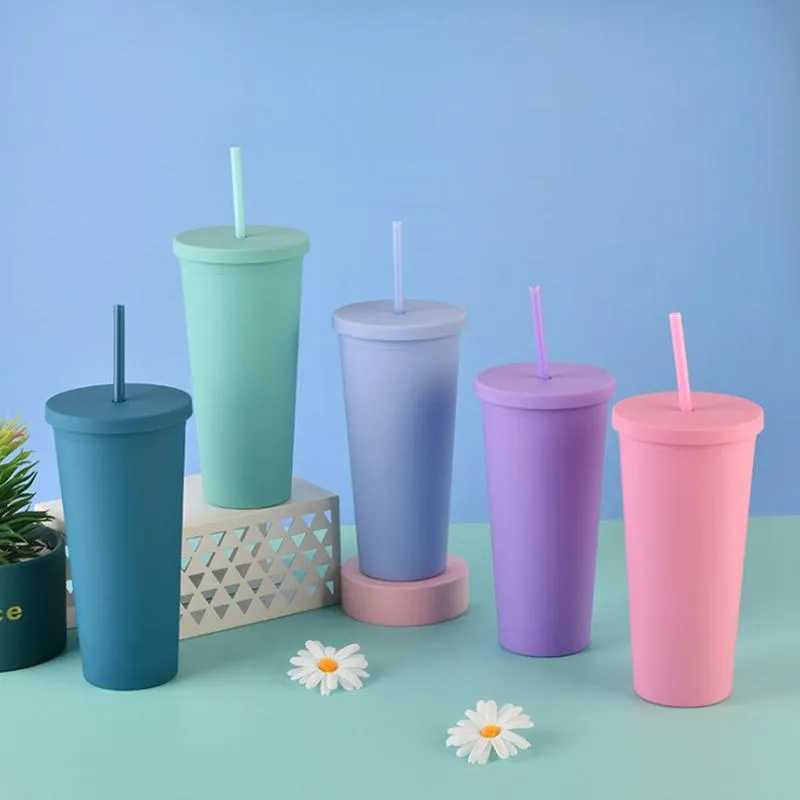 Vasos de botellas de agua acrílicas de color mate de 16 oz con tapas y pajitas Taza reutilizable de plástico de doble pared