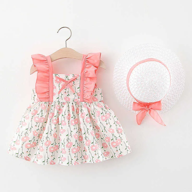 2021 estate neonato vestito dalla ragazza infantile casual stampato abiti da principessa per le ragazze compleanno vestito con cappello abbigliamento abiti Q0716