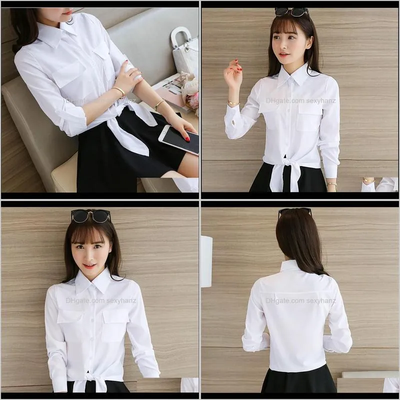 white shirt women`s long-sleeve college style fold-down collar bow top women`s versatile clothes spring and autumn cheap