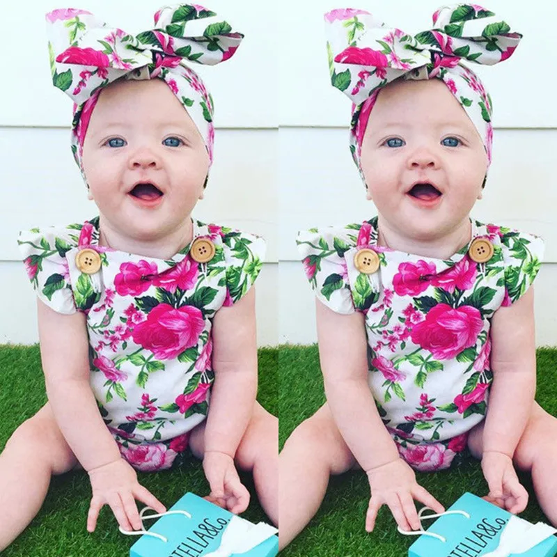 Backless Baby Girls Bodysuits Hairband Newborn Clothes Set Infant Jumpsuit Rose Floral Clothing Shirt Headband Outfits 70-100 210413