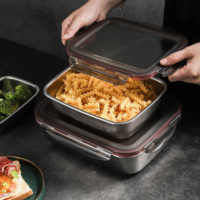 Multifunctional Stainless Steel Lunch Box Lunch Box Fresh-keeping Household Airtight Leak-proof Storage Box Refrigerator Storage 210925