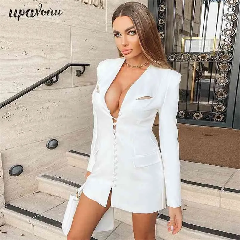 Darmowe damskie Blazer Dress Feminine V-Neck z długim rękawem Single Breasted Hollow Bodycon Club Party Vestidos 210524