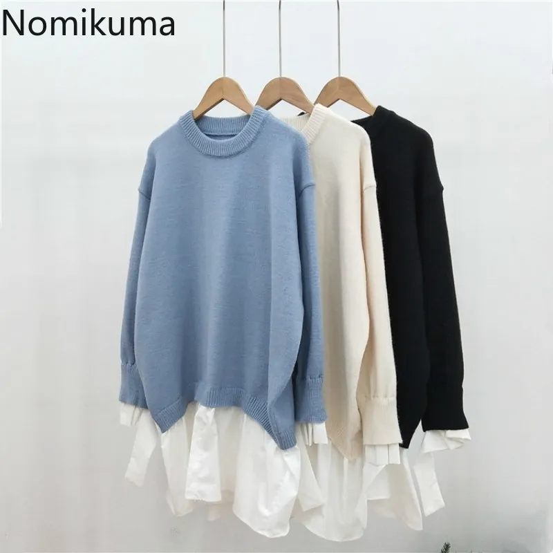 Nomikuma Jesień Przyczynowy Fałszywy 2 Sztuk Dzianiny Koreański Patchwork Ruffle Swetover Swetaer Z Długim Rękawem Kobiety Dzianiny Topy 6C999 210427