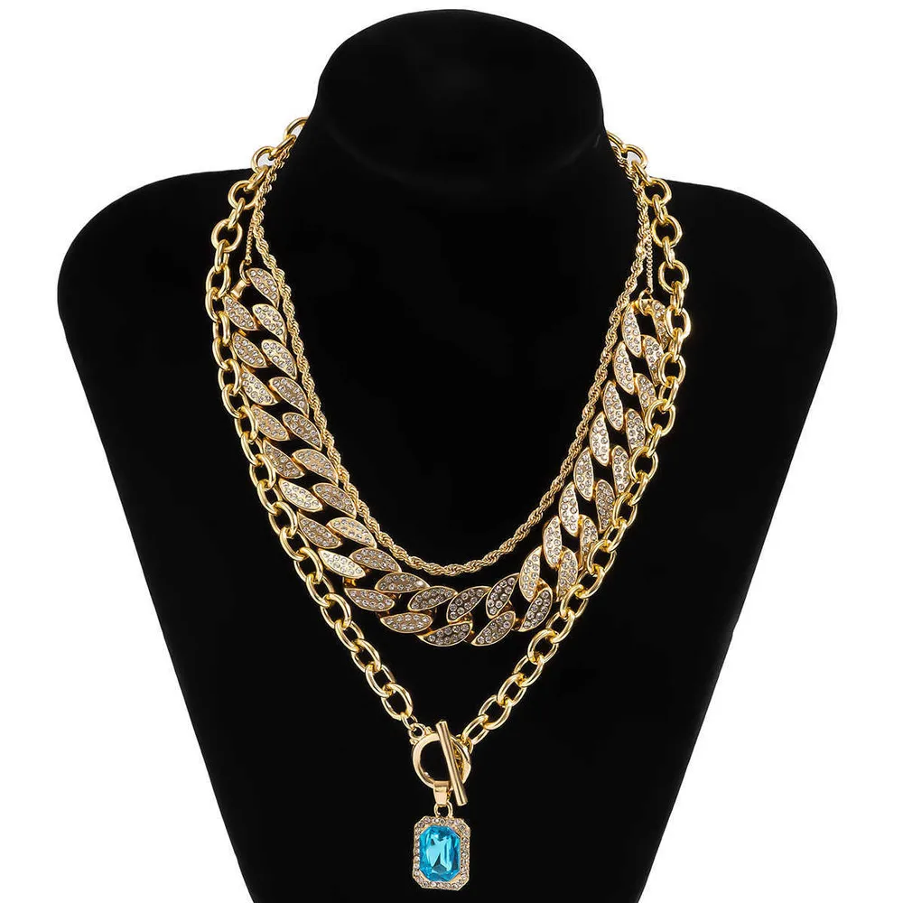 Ingesight. z 3pcs / Set Miami Diamond Cuba Necklace Ras Collar Blue Crystal Pendant Lasso Men's Necklace Jewelry Q0809