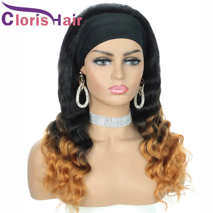 Honey Blonde Ombre Human Hair Loose Wave Headband Wigs For Black Women 1B/27 Colored Wavy Brazilian Virgin Glueless Wig With Head Band
