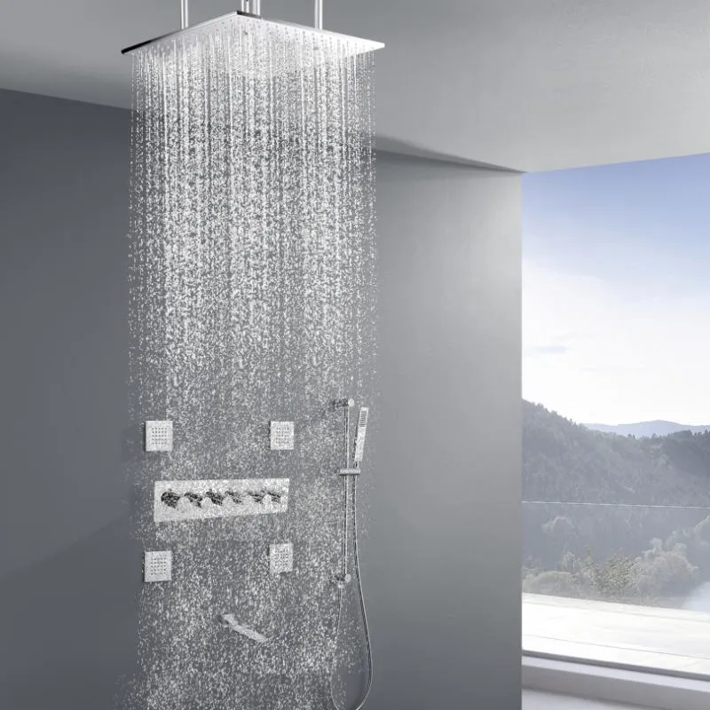 バスルームのシャワーセットクロムポリッシュスクエア圧力サーモスタットミスト雨水浴槽スパウトハンドヘルドコンボセット