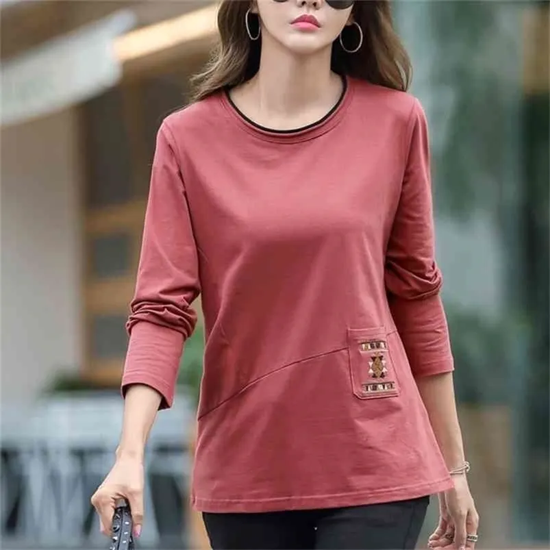 Pocket Embroidery T Shirt Women Long Sleeve Loose Woman Clothes