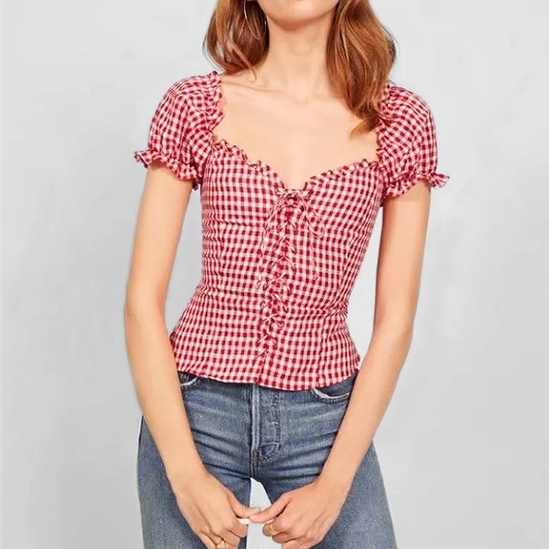 Summer Femmes Square Col Lace Up Corset Blouse Vintage Volants Dged Cou et Puff Sleeve Top Crop Top Blouse Tops Chemises Femmes 210514