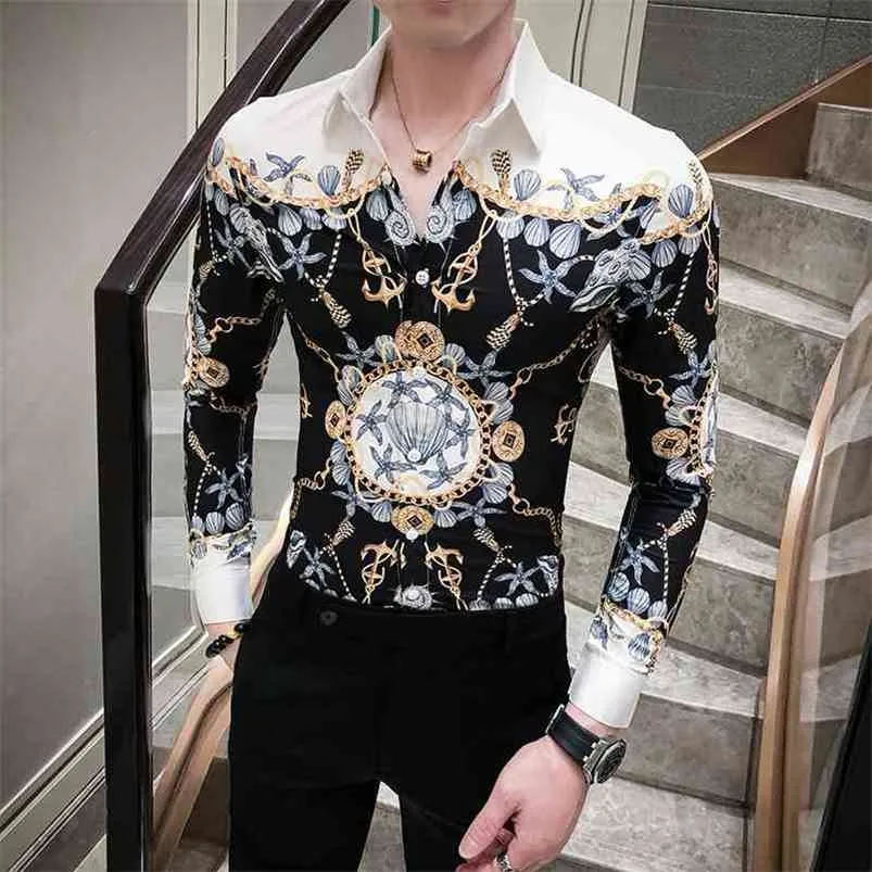 Gold Black Korean Men Clothes Streetwear Fashion Print Casual Shirt Slim Fit Dress Party Tuxedo Camiseta Masculina 210721