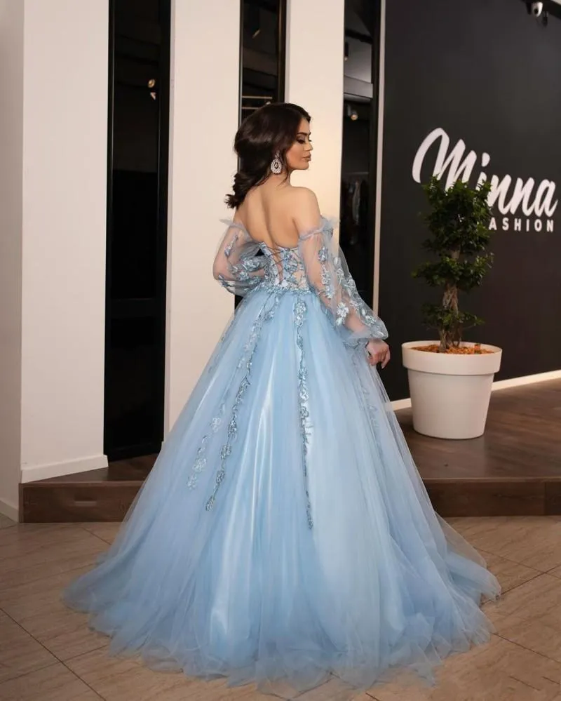 Élégant Robe De Bal À Manches Longues Bleu Clair: Robe De Soirée À Épaules  Dénué Avec Des Applications Florales 3D, Parfaite Pour Les Fêtes Du 126,01  € | DHgate, image size:800x999
