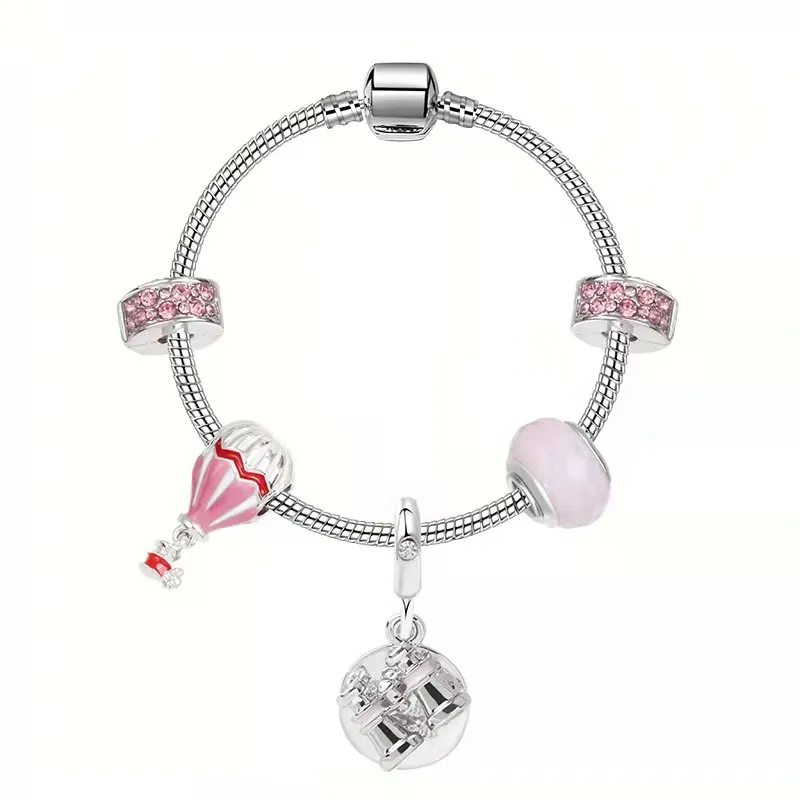 Roségoldenes Charm-Armband mit Luftfeuer-Ballon-Charms, diamantbesetztem Herz-Anhänger, Flugzeug-Flugzeug-Teleskop-Glasperlen, passend für D347g