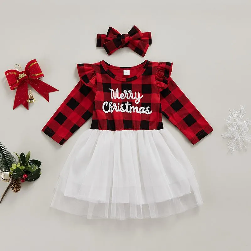 Meisje jurken vrolijk kerstfeestje voor kinderen baby meisjes plaid lange mouw ruche letter mesh prinses jurk + hoofdband baby pak