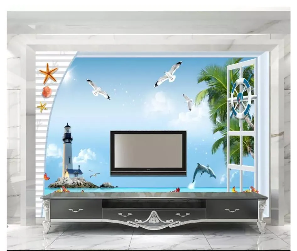 Wallpapers Custom Wallpaper 3d For Walls 3 D Mediterranean Wind Sea Blue Sky Lighthouse Tree Seabird Seascape Background Wall