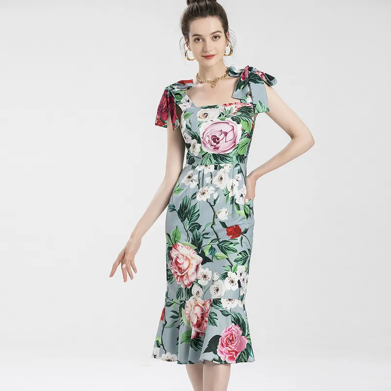 Vestidos femininos de passarela sexy com alças finas e rendas com estampa floral babados fashion vestido casual