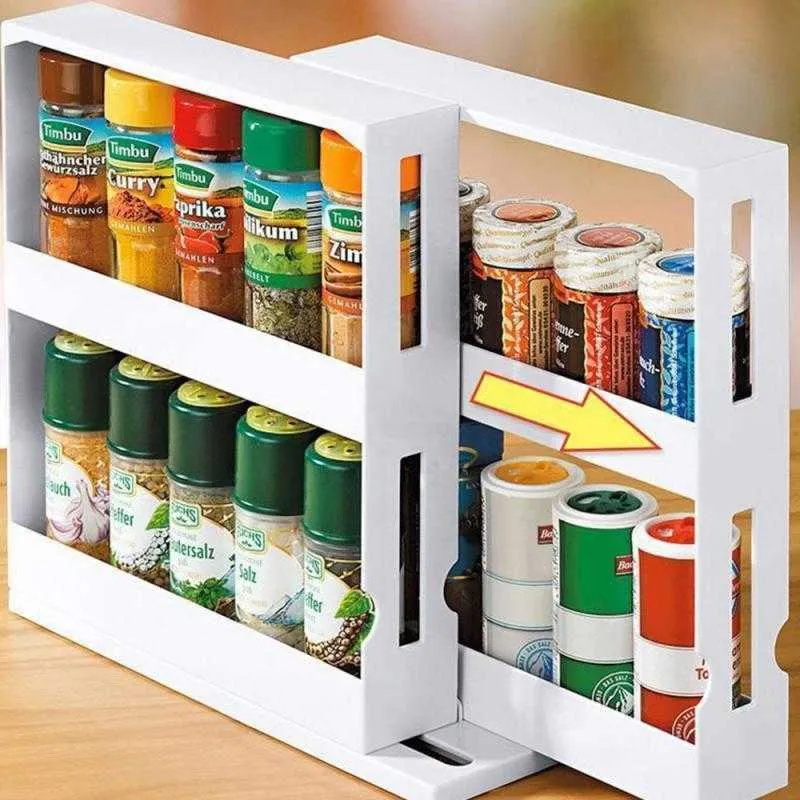 2 Tier Slim Slide Rotatable Push-pull Rack Food Storage Shelves Kitchen Trolley Cabinet Caddy Spice Rack Kitchen Accessories 210705