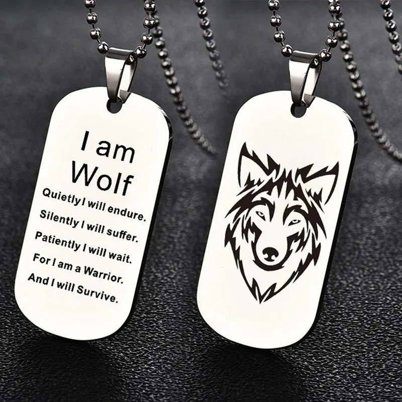 Mode Wolf Hänge Halsband Dubbelsidig Graverad I Am Fans Present Hund Tag Smycken Nyckelring Halsband