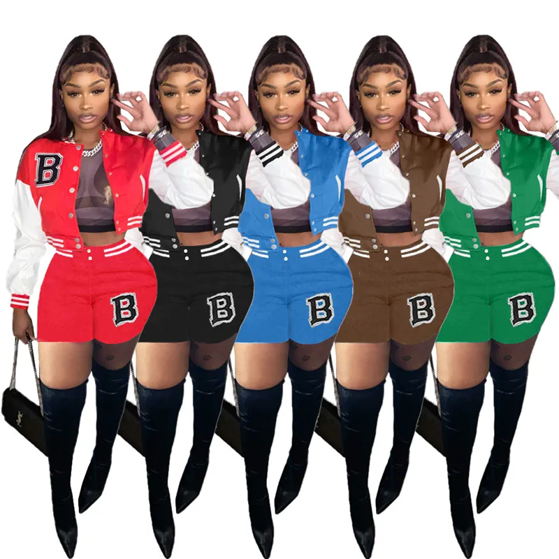 Women Letter Two Piece Tracksuits Fashion Patchwork Varsity Baseball Jacket Short Pants Suits Designer Female Casual Jogger Sports Sets