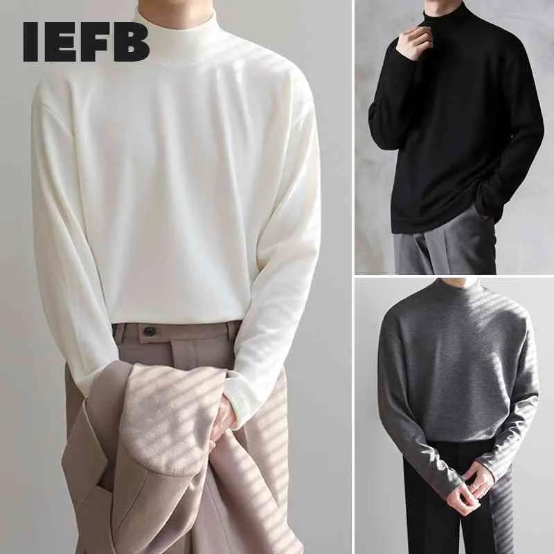 IEFB Lente Herfst Basic Tops Half High Collar Base Causal Katoen Lange Mouw T-shirt Koreaanse Mode Kleding 9Y5270 210524