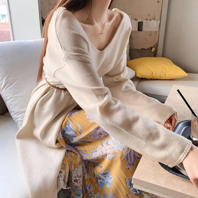 Fashion Lady Knit Dresses One Piece Pullover V Neck Tops Casual Designer Bottom Bifurcated Designed Twisted Women Sweater
