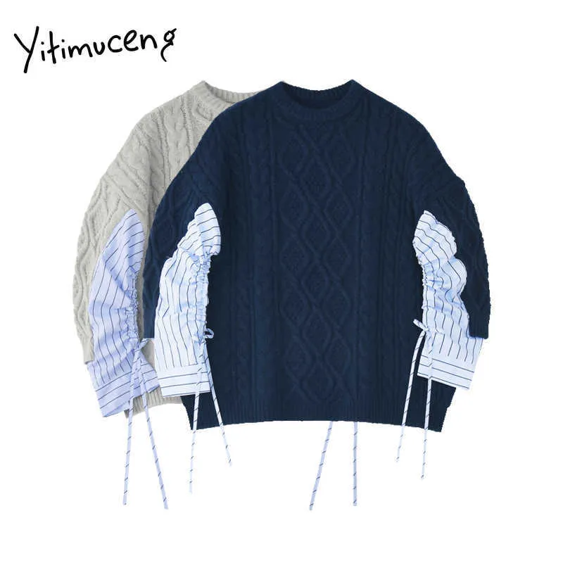 Yitimuceng Oversized Sweaters for Women O-Neck Winter Clothes Fall Plus Size Puff Sleeve Lace Up Striped Japanese Fashion 210601