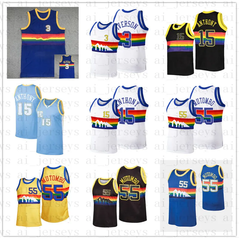 Mens Basketball Mitchell e Ness Iverson 3 Anthony 15 Mutombo 55 Logotipo de bordado costurado retrô 1991 1992 2006 2007