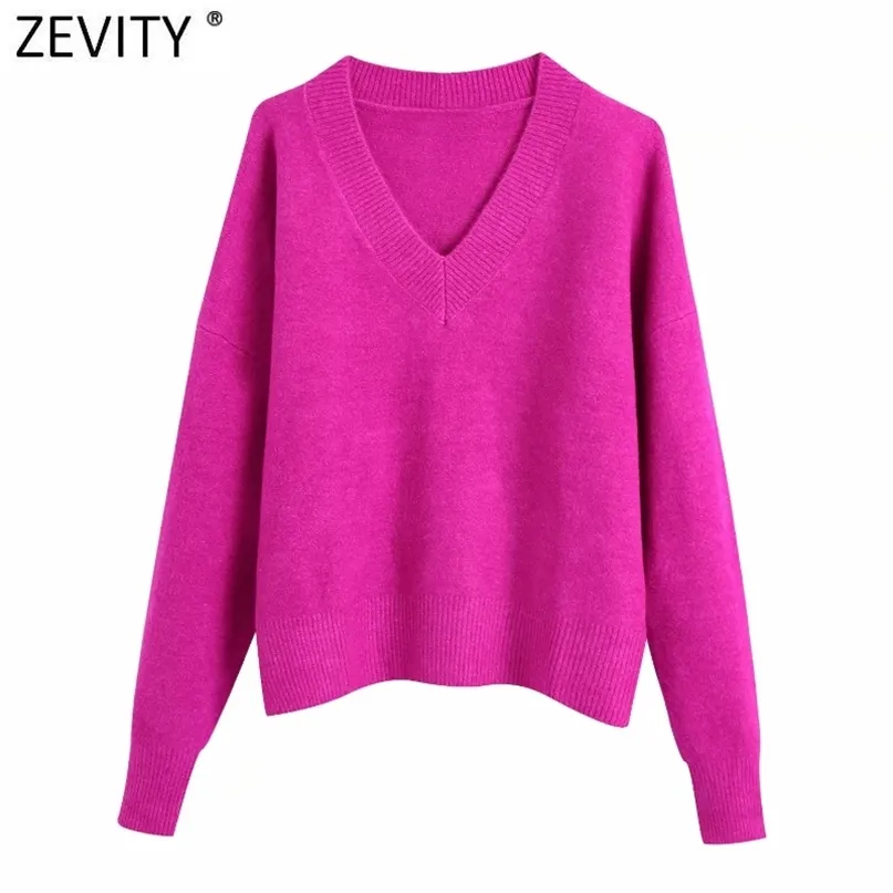 Zevity Femmes Simplement V Cou Soft Touch Casual Purple Pull à tricoter Femelle Chic Basic Pulls à manches longues Marque Tops SW901 211221