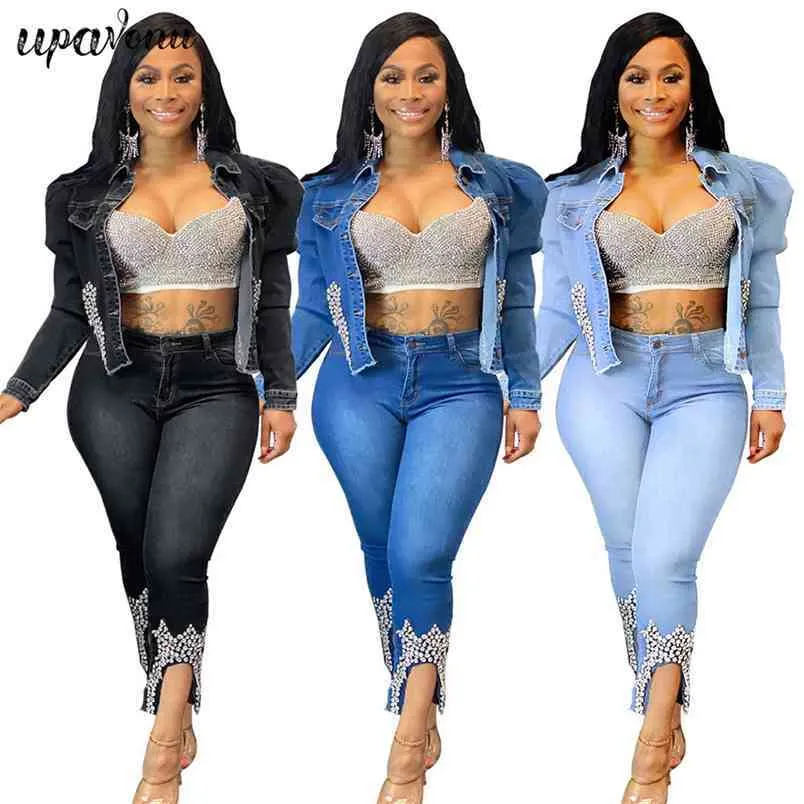 Free Elegant Women's Beaded Denim Suit Lapel Long Sleeve Single-breasted Jacket & Pencil Pants Two-Piece Set 210524