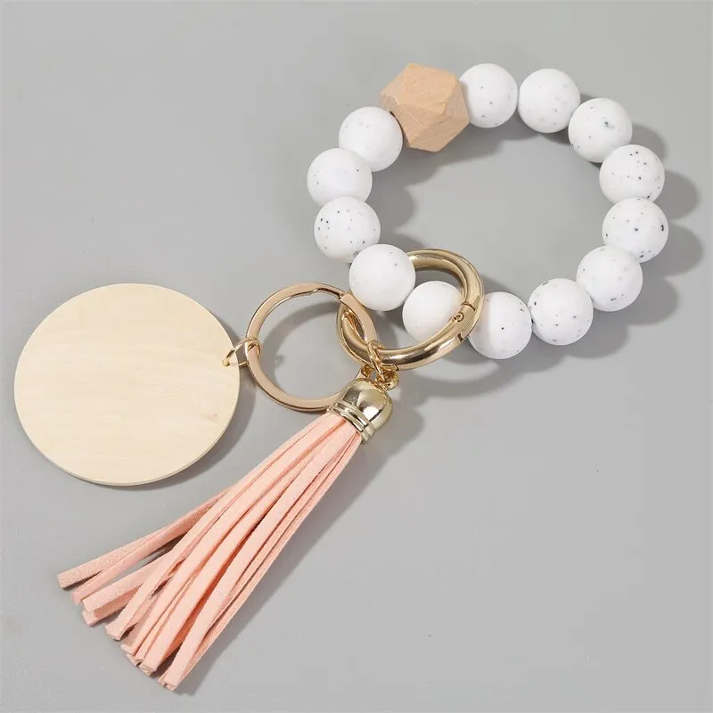 7 Styles Wooden Beaded Bracelet Keyring Party Silicone Beads Keychain Handbag Pendant for Women Monogrammed Engrave Wooded Chip Crafts