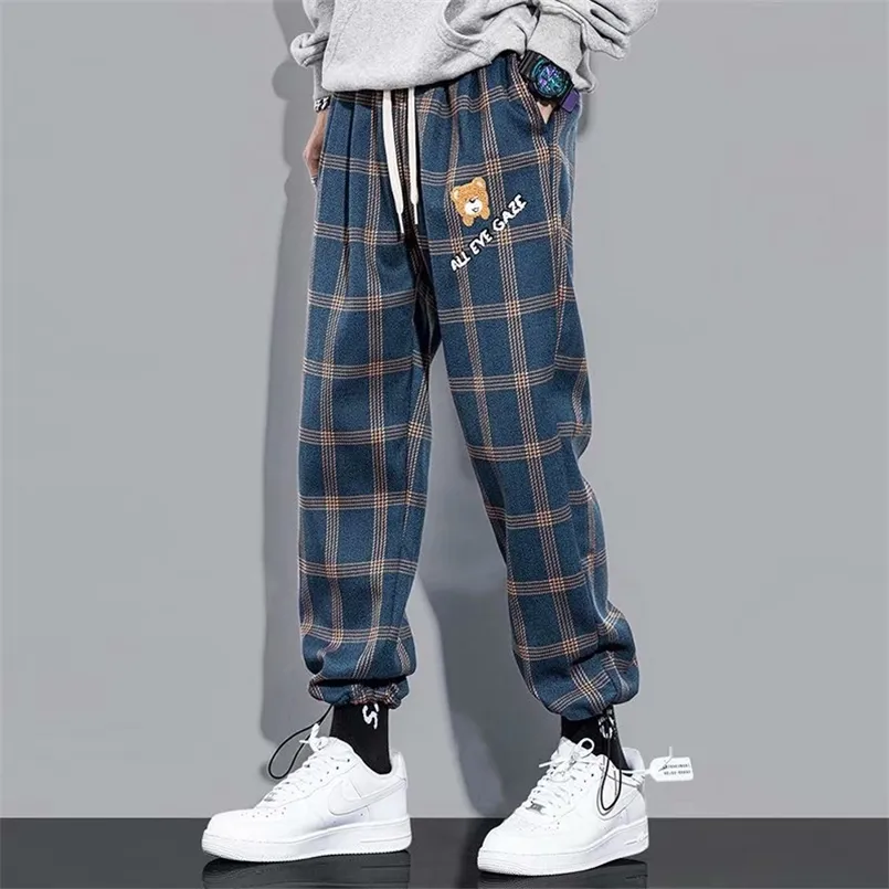 Streetwear Blue плед брюки мужские бегуны мужские прямые брюки гареграмма мужчины Drawstring корейский хип-хоп брюки брюки 121112