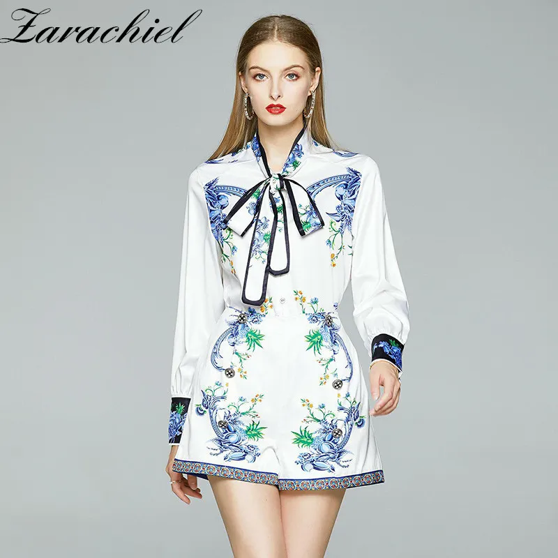 Fashion Designer Blue Flower Print Two Piece Women Long Sleeve Bow Collar Shirt Top + Pocket Wide Leg Shorts Set 210416