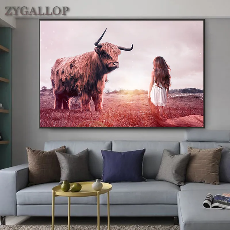 Tjej och Cow Print Canvas Målning Vilda djur Väggkonst Bilder för vardagsrum Cuadros Scandinavian Decor Affischer och utskrifter