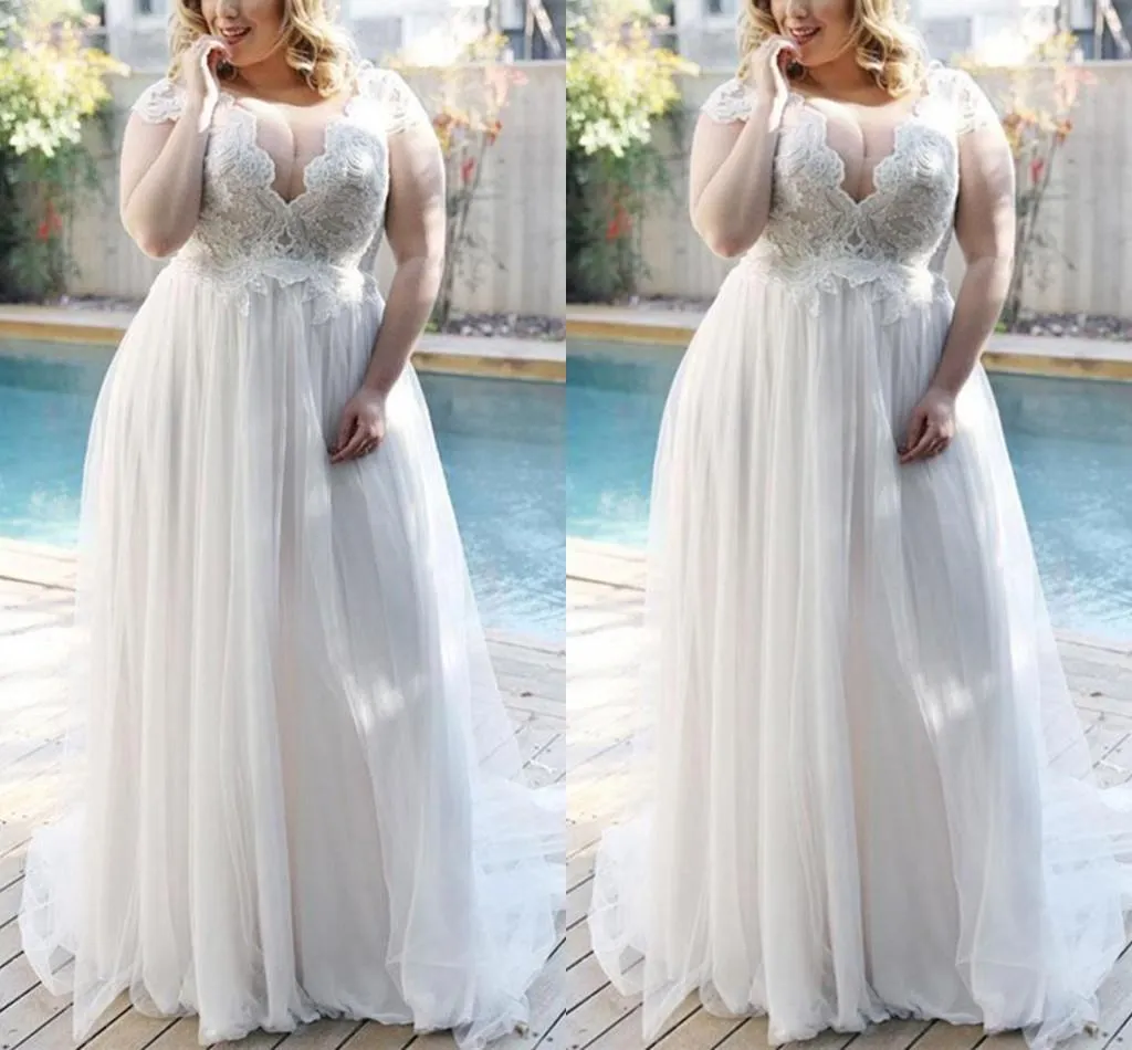 2021 Plus Size Wedding Dresses Beach Bridal Gown Capped Sleeves Lace Applique Beading Scalloped Illusion Custom Made Sweep Train Vestidos De Novia 401 401