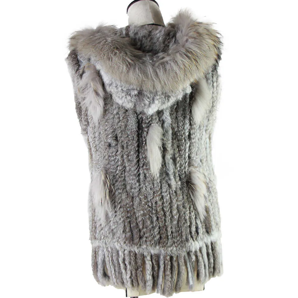 Harppihop Fashion Knitted Rabbit Fur Long Fur Vest With Hood And Raccoon Trimming 210902 From Sellerstore03 56.38 DHgate.Com